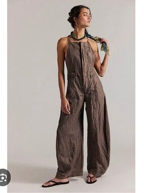 Free People DOUBLE ESPRESSO Halter Linen Wide-Leg Jumpsuit.